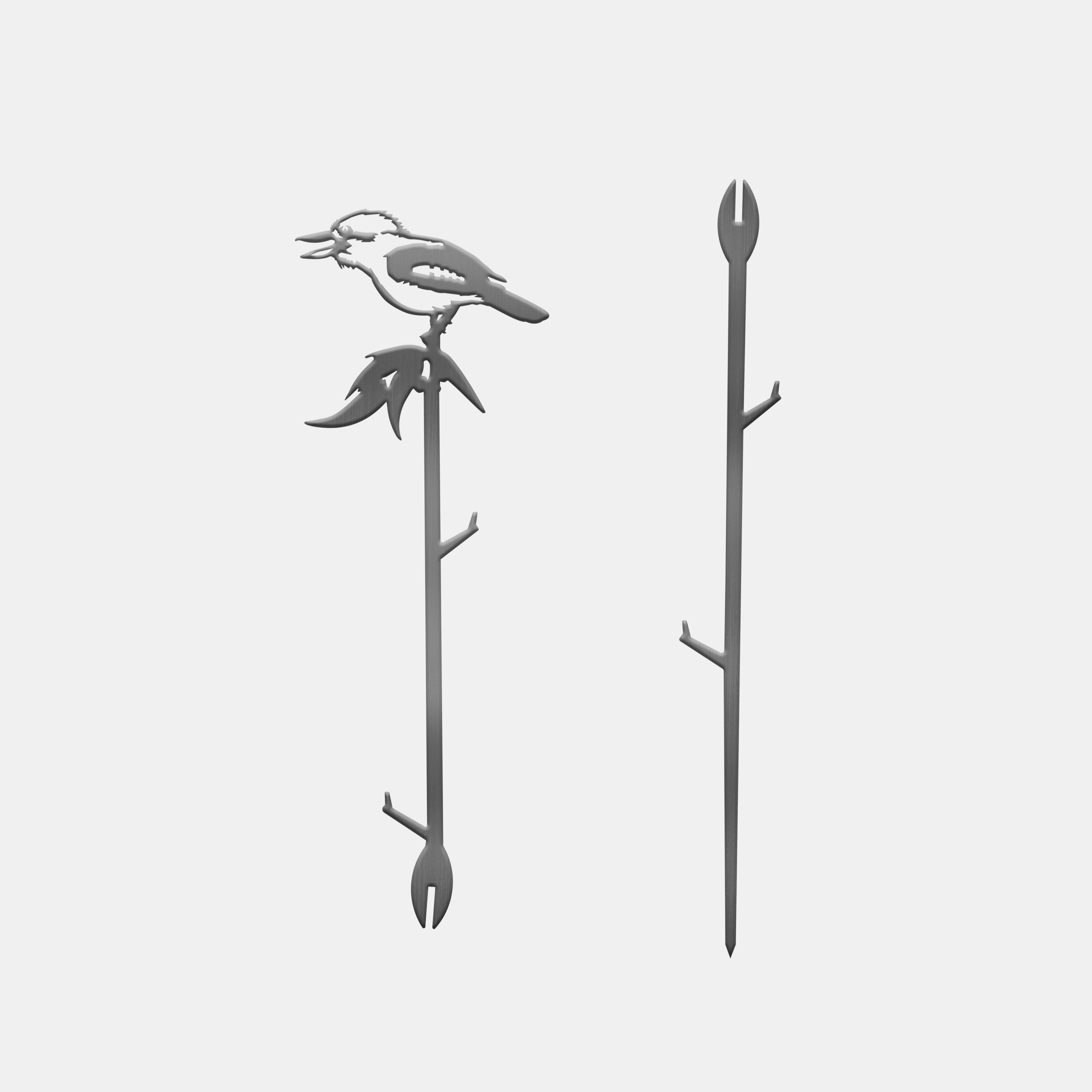 The Metalbird Australia Kookaburra Plant Stake is a corten steel garden stake with a kookaburra silhouette and prongs to support plants—an ideal gift for any garden lover.