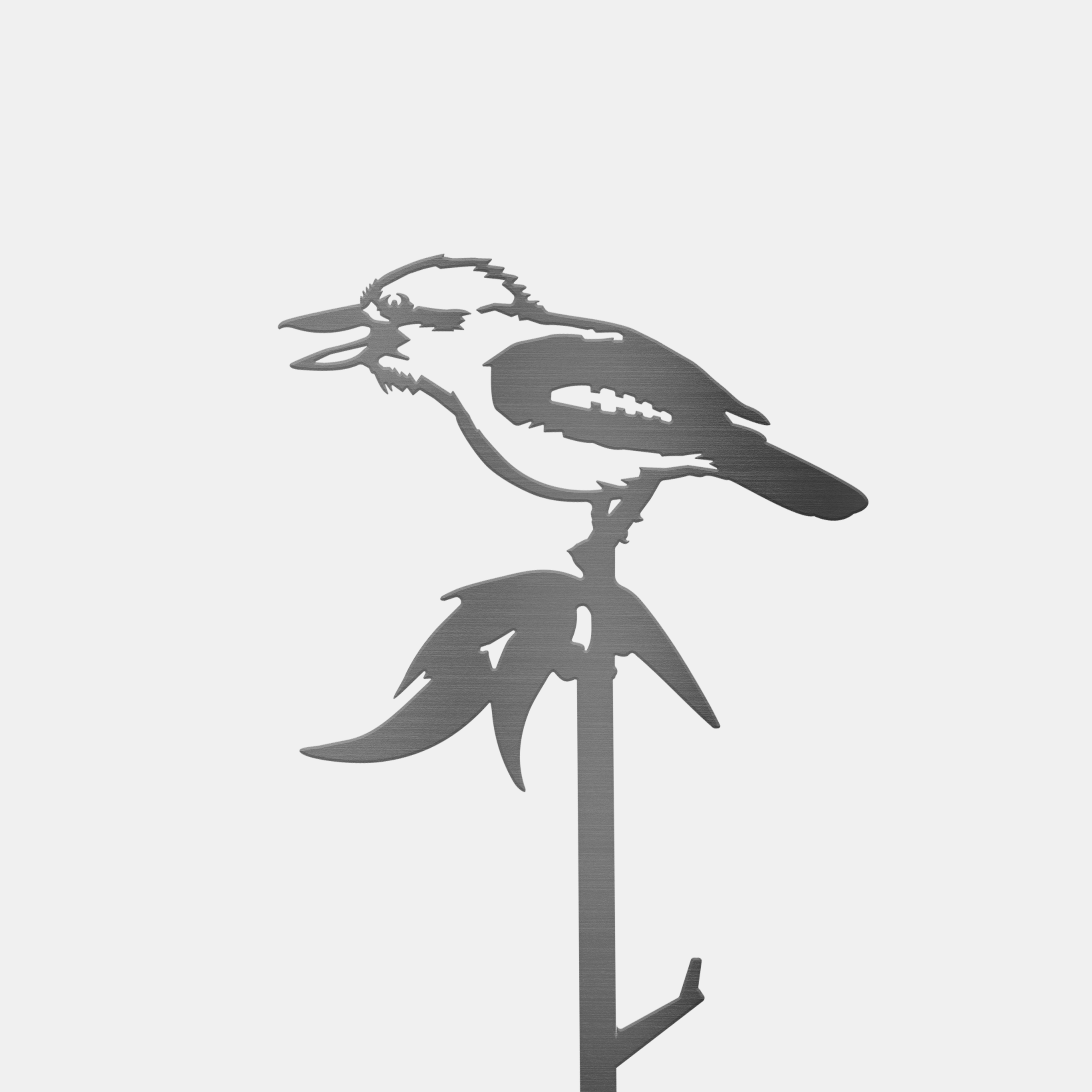 The Metalbird Australia Kookaburra Plant Stake features a metal silhouette of a kookaburra perched on a leafy branch, ideal as unique yard art or a thoughtful gift, shown on a plain white background.