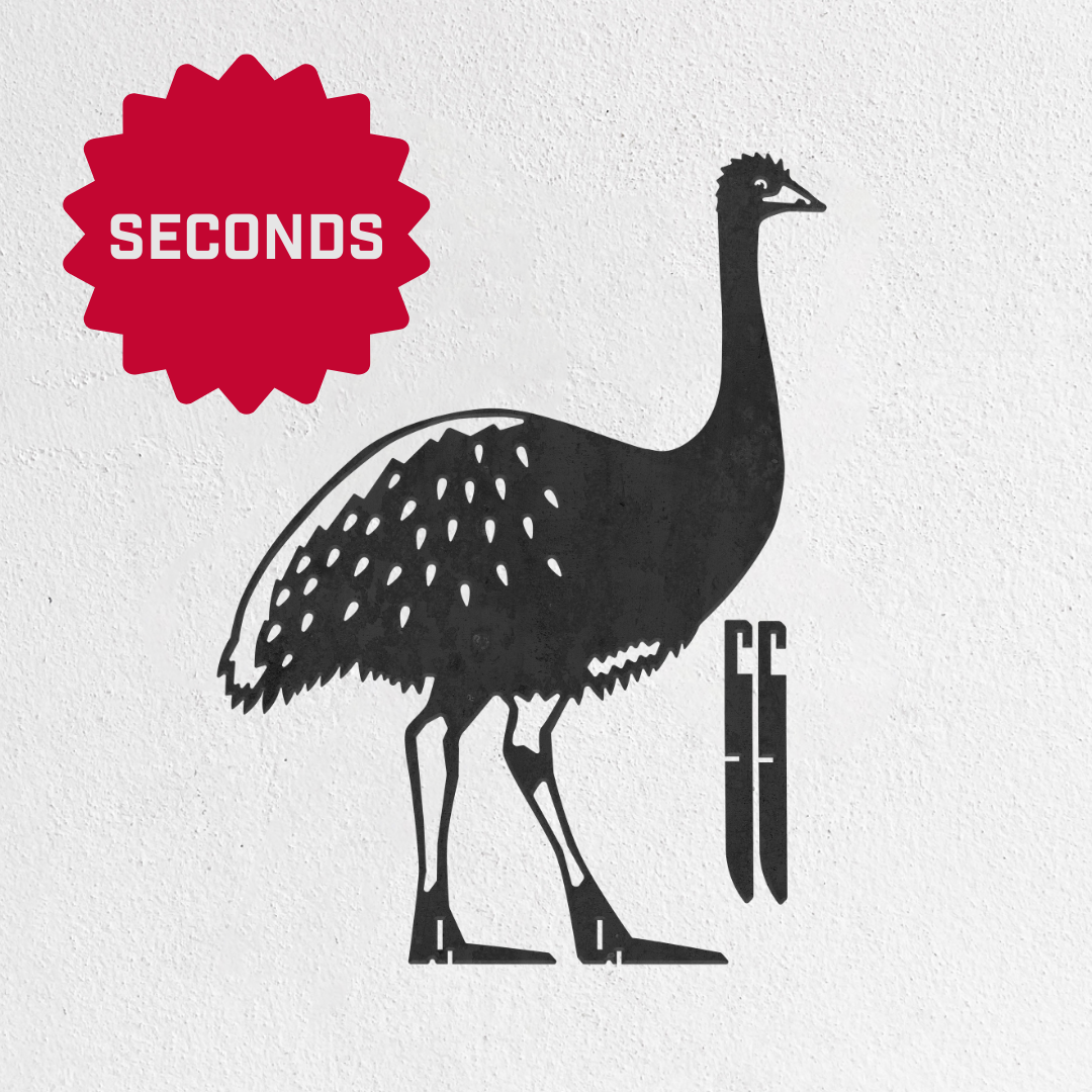 A black silhouette of the Metalbird Seconds - Emu XL (A2) by Metalbird Australia - Seconds stands against a white background. A red starburst in the top left highlights these discounted, imperfect birds with "SECONDS.