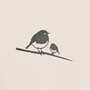 Robin and Chick by Metalbird Australia features a minimalist depiction of a large robin and a small chick perched on a branch—ideal for subtle bird garden decor against a plain, light background.