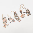 Winged Hangers - 5 Festive Decorations by Metalbird Australia: sustainably made in NZ from wood, these decorative hanging ornaments come with string hangers and are displayed in a row on a plain white background.