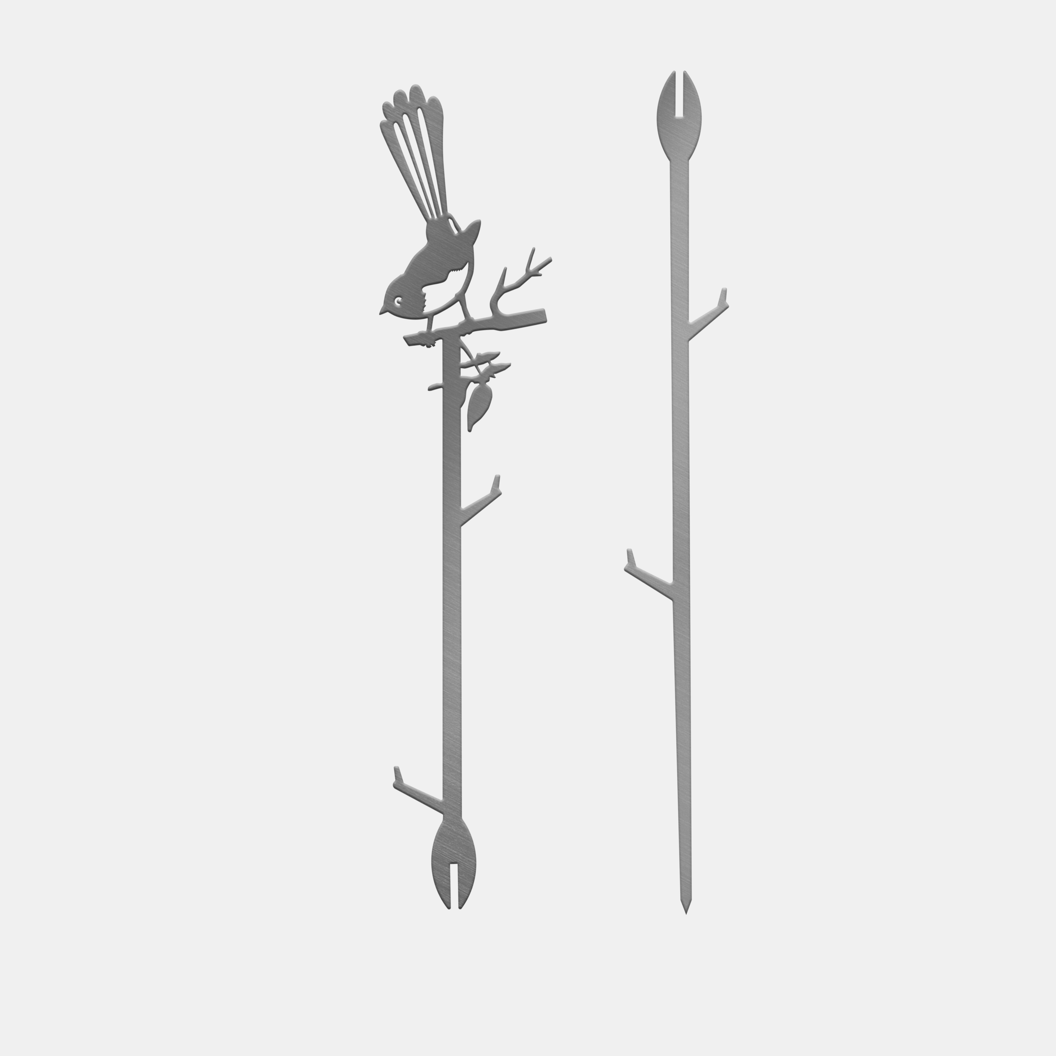 Discover Metalbird Australia's Willie Wagtail Plant Stake—crafted from corten steel, this premium garden stake features a stylized bird on leafy branches and has a forked base for easy staking. A unique gift for any garden lover.