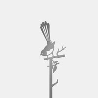 The Willie Wagtail Plant Stake by Metalbird Australia features a minimalist bird silhouette with a fanned tail perched on a branch—ideal as premium yard art or a unique, thoughtful gift.