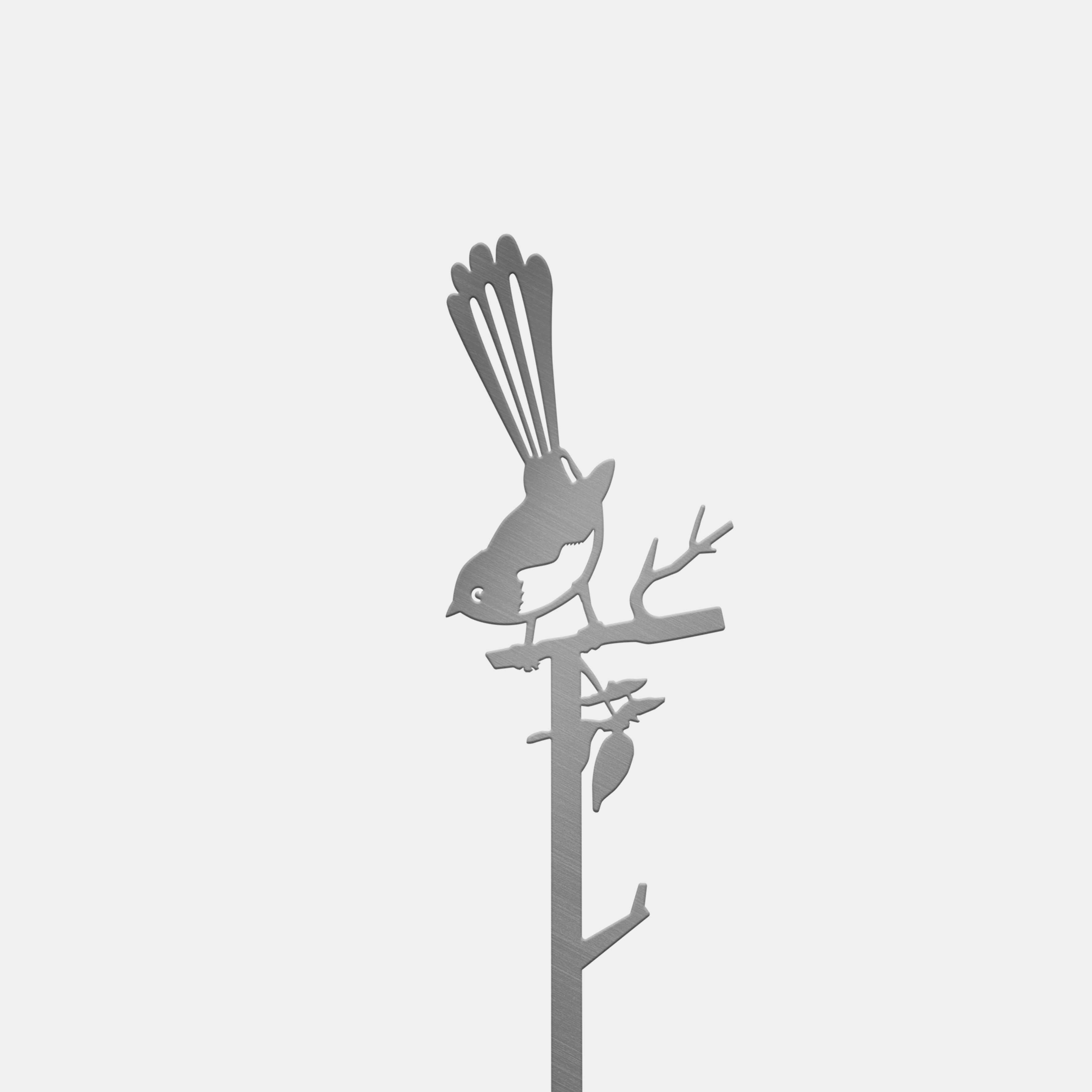 The Willie Wagtail Plant Stake by Metalbird Australia features a minimalist bird silhouette with a fanned tail perched on a branch—ideal as premium yard art or a unique, thoughtful gift.