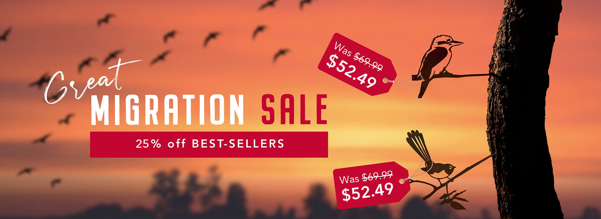 Promotional banner for a migration sale with bird silhouettes and sunset background