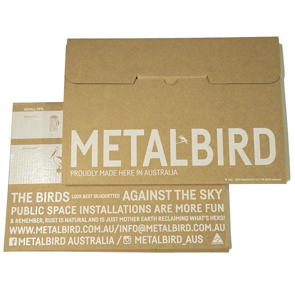 A brown cardboard envelope and packaging labeled Metalbird Australia, featuring installation tips and website details in white—perfect for gifting the unique Wedge-tailed Eagle corten steel yard art.